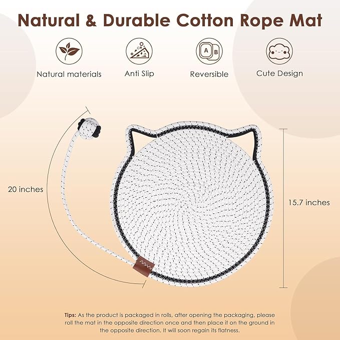 Cat Scratcher Mat, Natural Cotton Rope Cat Scratch Pad, 15.7'' Round Horizontal Floor Cat Scratching Pads for Indoor Cats, Cat Furniture Protector for Wall, Couch, Carpets, Sofas