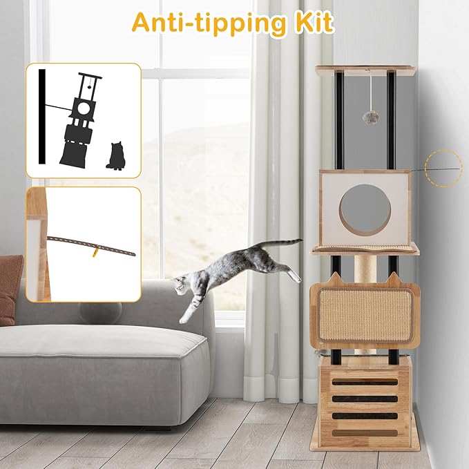 PETSITE 56 Inch Wood Cat Tree, Multi-Level Cat Tower with Sisal Scratching Posts, Dual Cat Condos, Removable Sisal Mats, and Hanging Balls with Bell, Modern Cat Tree Tower for Indoor Cats, Kittens