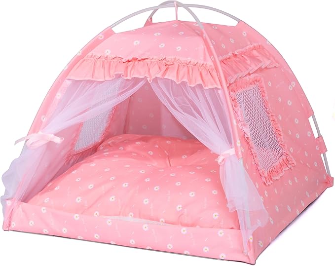 Cat Princess Indoor Tent House - Dog House Indoor/Outdoor Lace Mesh Breathable Windows Door Curtains Removable Portable Cave Nest Bed Bunny and Puppy (Pink, m)