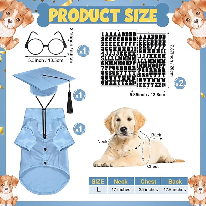 5 Pcs Dog Graduation Costume Set Include 2026 Pet Graduation Gown with Stole Puppy Grad Cap Lensless Glasses DIY Letter Stickers for Dogs Cats Holiday Costume Accessory(Light Blue,L)