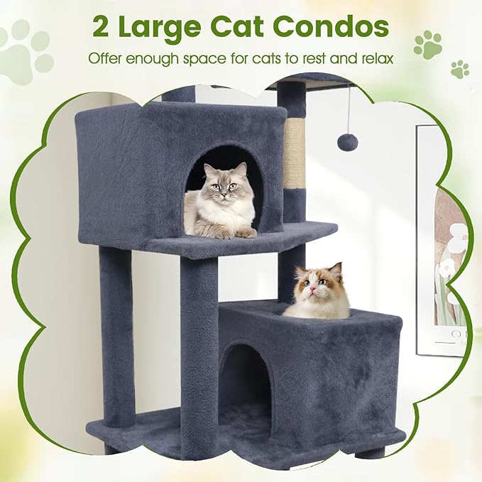 PETSITE Multi-Level Cat Tree, 75 Inches Tall with Sisal Scratching Posts, 2 Condos, Hammock, Dangling Balls, and Cozy Top Perch, Ideal for Indoor Cats to Play and Rest (Dark Grey)