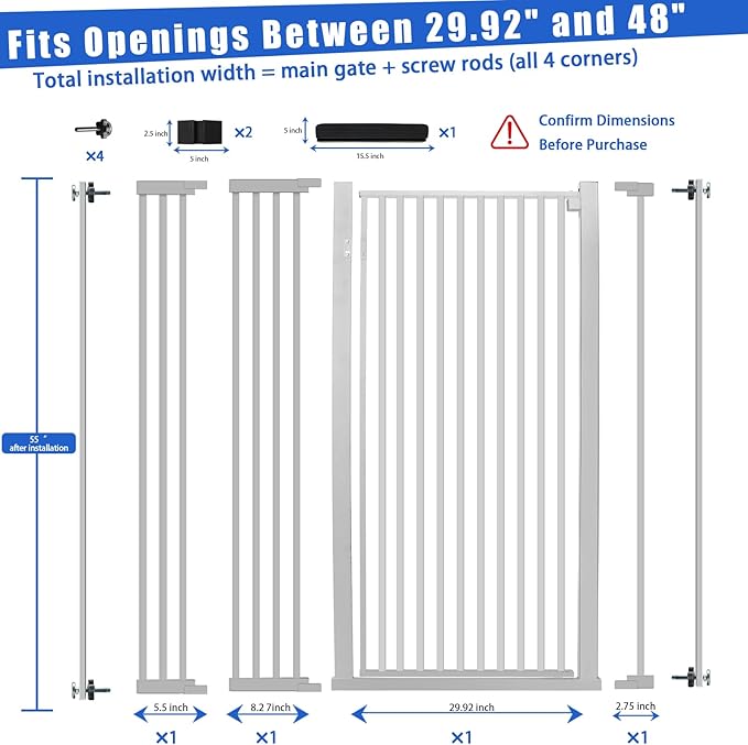 55 Inch Extra Tall Pet Gate for Cats,29.92"-48" Adjustable Wide Dog Gates,Pressure Mounted Walk Through Tall Pets Gate for Doorways,Hallway,Stairs(White)