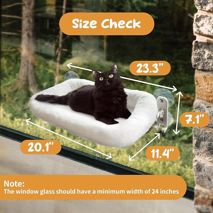 Cordless Cat Window Perch, Foldable Cat Window Hammock, 4 Strong Suction Cups, Solid Metal Frame, Patented Hook Design (Cushion White L)