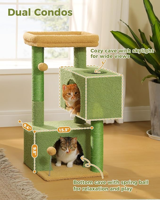 32" Cactus Cat Tree Tower for Indoor Cats - 2 Cozy Condos, Multi-Level Cat Scratching Posts with Sisal, Soft Padded Perch, 2 Dangling Toys, Green