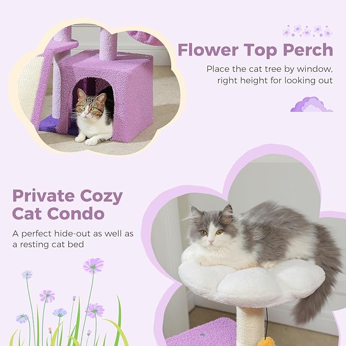 PETEPELA Flower Cat Tree for Indoor Cats, 31.5'' Small Cat Tower Cat Condo with Sisal Scratching Ramp+ Cat Scratching Post, Mushroom Tall Cat Scratcher Featuring with Natural Sisal Scratching Poles