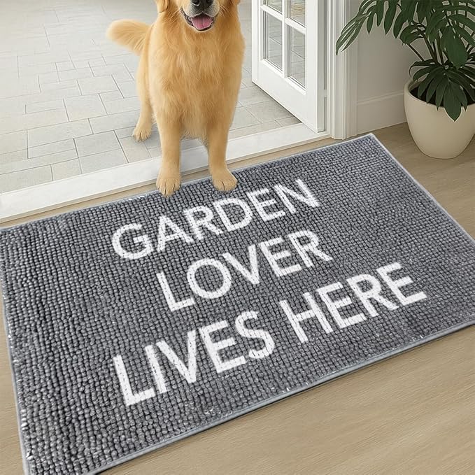 Muddy Mat® Absorbent Microfiber Door Mat and Pet Rug, Non Slip Washable Chenille Indoor Outdoor Entry Rug - Garden Lover Lives Here Funny Welcome Mat Porch Decor 19"x30"