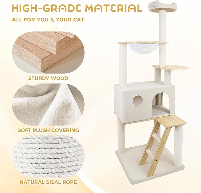 Cat Tree Tower for Indoor Cats Large Adult-Extra-Large Cat Condo & Transparent Spacecraft Pod | 8 Fully-Wrapped Sisal Cat Scratching Posts,1" Thick Base,Sturdy Cat Tower for Cats Up to 20 lbs