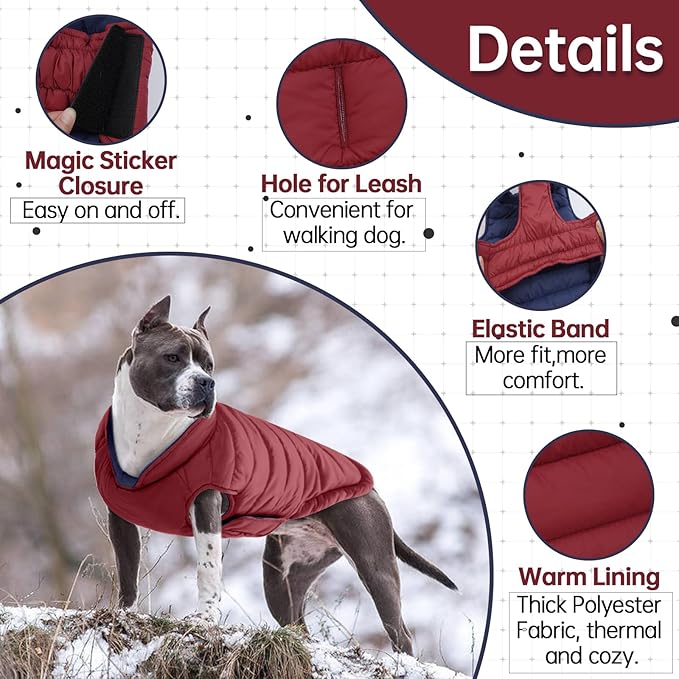 Lelepet Reversible Dog Coat Waterproof Dog Jacket Windproof Puffer Vest for Winter Warm Lightweight Coats for Small Dogs Adjustbale Hook & Loop Pet Apparel with Leash Hole, Chihuahua, Wine Red, XS