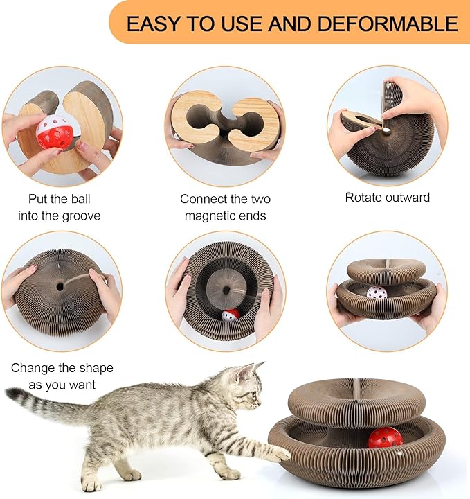 Simple Delxue Interactive Scratch Toys with a Ball, Magic Organ Cat Scratching Board, Cat Scratcher for Grinding Claw, Recyclable and Durable, Furniture Protector, Retractable, Brown, Reversible