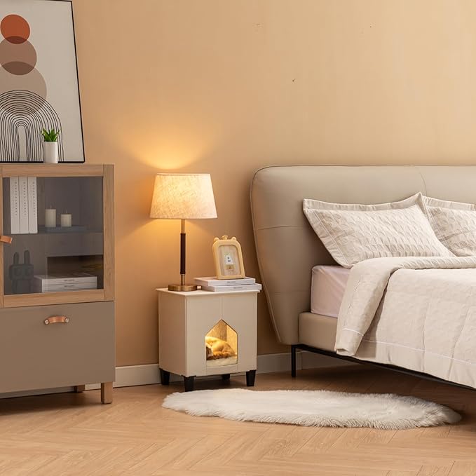 Cat House for Indoor Cats Condo,Cat Furniture with Large Area Scratch Pad，Leather Cat Bed Side Table & Nightstand for Living Room and Bedroom Decoration,White