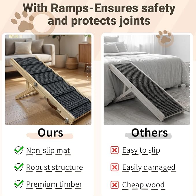 2026 Upgraded Foldable Dog Ramp for Couches, Wooden Small Dog Ramp for Sofa - 4 Adjustable Heights (12"-19"), Portable, Stable & Non-Slip, Wood