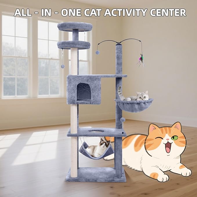 Big Cat Tree, Cat Tower with Multi-Level Condo, Hammocks, Rotating Toy (Grey, 70'')