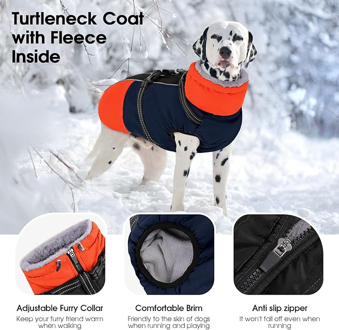 SUNFURA Dog Coat, Dog Jacket for Large Dogs with Harness Built in, Warm Pet Winter Coat Zip Up Snow Jacket with Furry Collar for Boston Terrier, French Bulldogs, Blue L