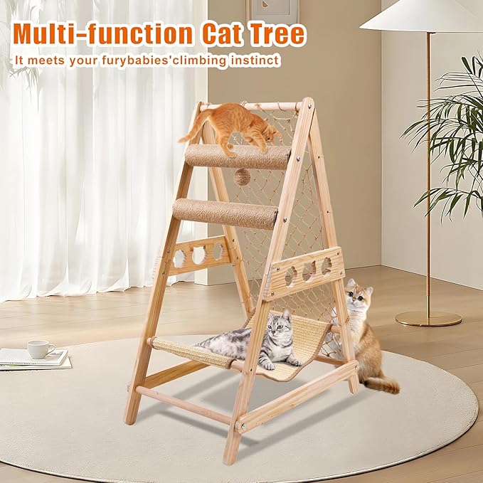 Cat Tree Ladder, Ladder Cat Tree with Hammock Scratching Post Climbing Web and Danging Sisal Ball, Cat Ladders Can Accommodate Multiple Cats and Can be Removed by The Window