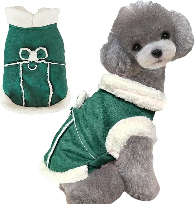 Jecikelon Bowtie Dog Cold Weather Coat Fleece Lining Warm Pet Puppy Turtleneck Dogs Winter Clothes for Small Dogs with D-Ring (Green, Large)