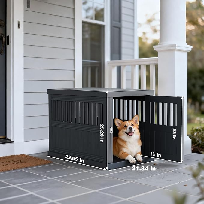 Indoor/Outdoor Dog House, Waterproof Durable Plastic with Locking Door, Ventilation and Raised Floor Design, Easy Assembly, Suitable for Small to Medium Dogs, Gray, 29.65”x 21.34” x 25.28”