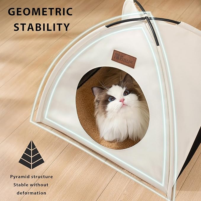 Waterproof Cat House with Removable Cushion for All Seasons, Portable Pyramid Cat Cave Bed for Cats & Small Dogs, No Assembly Folding Pet Tent,15.7x15.7x13.8, White