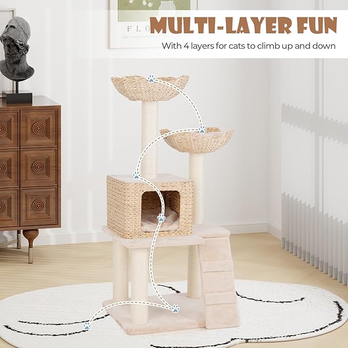 PETSITE 48 inch Cattail Cat Tree, Multi-Level Cat Tower with Sisal Scratching Posts, Cat Condo, Basket Beds, Climbing Ladder, and Soft Washable Cushions, Modern Cat Tree for Indoor Cats