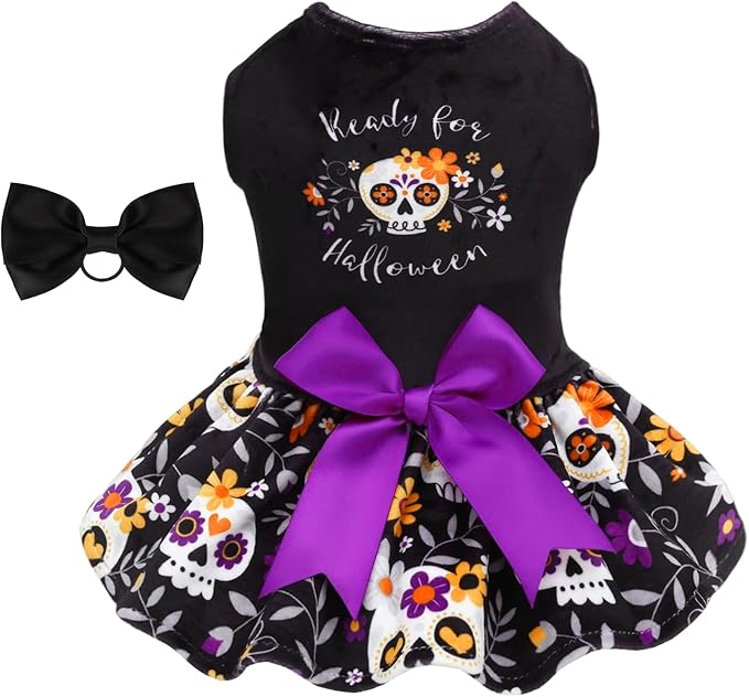 CuteBone Halloween Dog Dresses Velvet Holiday Small Dogs Clothes Onesie Pet Apparel Girl Puppy Skirt with Bow Hair Rope CVA58XS-D