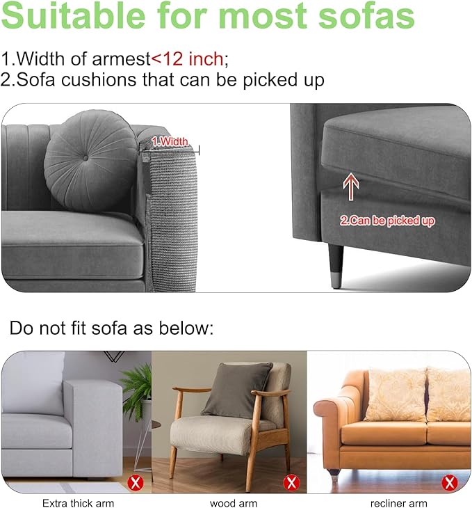 Cat Scratch Couch Protector,23.6" L*19.6" W Scratching Furniture Protector Pad,Cat Scratch Sofa Arm Sheild with Grey Natural Sisal for Protecting Couch Sofa Chair Furniture (Grey/Left Hand)
