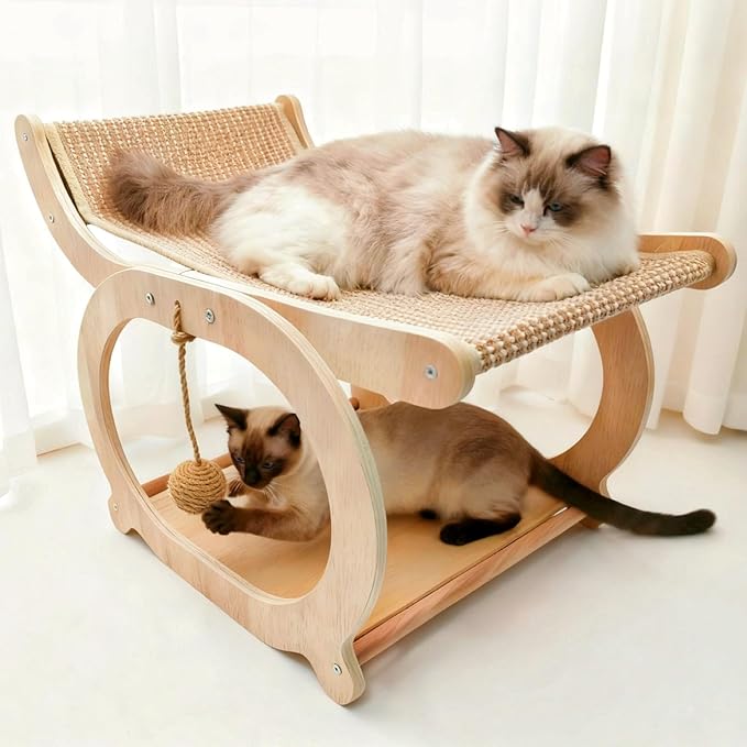 Sisal Cat Scratcher Chair, Elevated Cat Lounge Beds for Indoor Cats, Wooden Pet Hammock Couch for Scratching, Natural