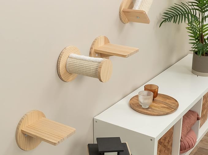 Trixie Cat Wall Furniture Set 6-7pc Cat Climbing Wall Set - Sisal Rope Scratching Posts, Elevated Bed, Corner Shelf, Steps - Natural/White