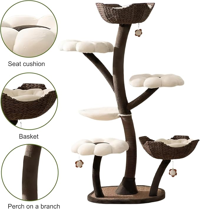Blossom 59" Flower Cat Tree with Replaceable Flower Perches and Scratching Posts, Tall Cat Tower with Resting Platforms for Large/Small Cats Climbing, Multi-Level Cats Tower with Toy Balls