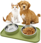 Double Dog Food Bowls Stainless Steel with No Spill Non Skid Silicone Mat Removable Dog Water and Food Bowls Set Durable Feeding for Small Dogs Puppy Cat Kitten(Green)
