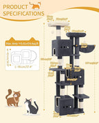 76" Cat Tree, Large Cat Tower for Indoor Cats, Multi-Level Cats House Furniture with 2 Platforms, 3 Condos, 7 Scratching Posts, 1 Basket, 3 Caves, Pompoms, Dark Grey MS19218SG