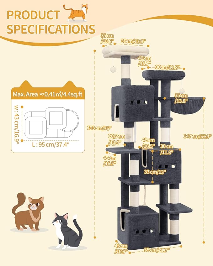 76" Cat Tree, Large Cat Tower for Indoor Cats, Multi-Level Cats House Furniture with 2 Platforms, 3 Condos, 7 Scratching Posts, 1 Basket, 3 Caves, Pompoms, Dark Grey MS19218SG