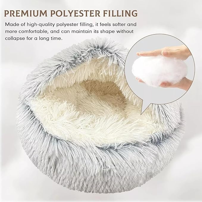 Cat Bed Round Fluffy Hooded Cat Bed Cave, Anti-Anxiety Cave Bed with Hooded Blanket, Cozy Cuddler Luxury Puppy Pet Bed, Anti-Slip Bottom and Machine Washable (Grey, Large)