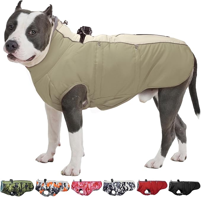 Dog Winter Jacket-3X Large, Warm Zip Up Snowsuit Dog Harness Vest - Reflective, Water-Resistant, Snow Jacket for Large Dogs, Labrador, Husky, Apricot