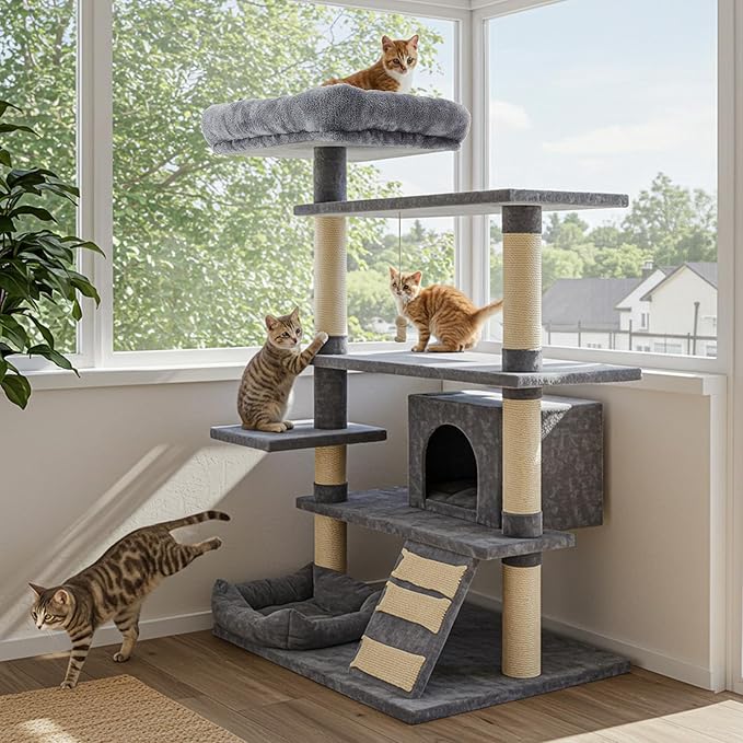 Abbylike 2 Pcs Cat Tree Tower Replacement Parts Grey Bed Cover with Elastic Band Removable Washable Padding for Platform Perch Shelves, Only Cover, Cat Tower Cushions Accessories(15.7 x 11.8 Inch)
