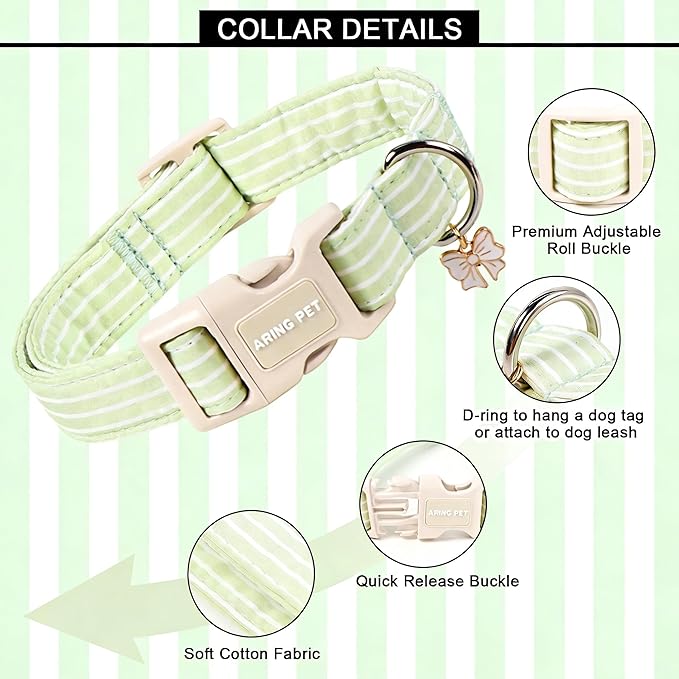 ARING PET Stripe Dog Collar, Cute Spring Summer Green Stripe Pet Collars with Bow Charm for Puppy Small Medium Large Boy Girl Dogs-M, for Daily Outdoor Walking Training