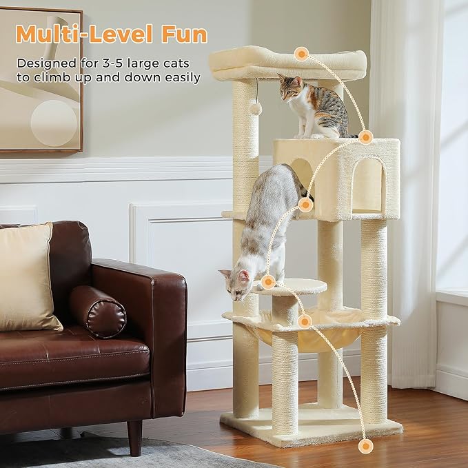 PETEPELA 58" Large Cat Tree for Big Adult Cats up to 30 lbs, Heavy Duty Cat Tower w/Extra-Thick Scratching Posts [φ3.9”], XL Hammock & Spacious Condo, Study Cat Furniture for Maine Coons, Beige