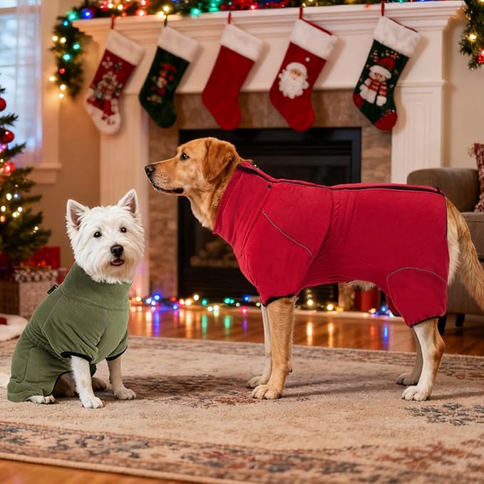 Mihachi Dog Snow Jacket Dog Coat Soft Fleece Pullover Pajamas, Pet Windproof Warm Cold Weather Jacket with Zipper, Reflective Jumpsuit Apparel Outfit Clothes for Large Dog, Army Green XL