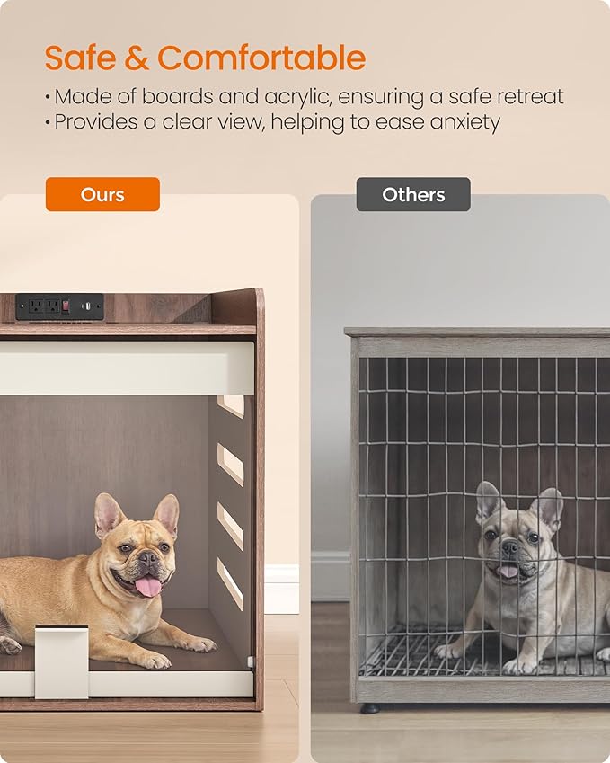 Feandrea Modern Dog Crate Furniture with Charging Station, Medium Kennel Indoor with Flip-up Hidden Acrylic Door, for Small and Medium Dogs up to 45 lb, Pet Side End Table Cage, Natural Walnut