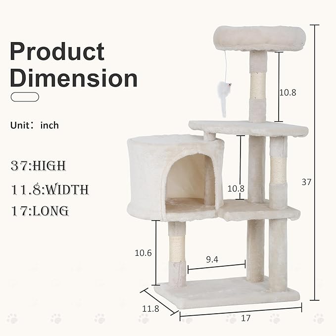 36-Inch Ergonomic Cat Activity Tower with Sisal-Wrapped Columns & Toys - Modular Design Saves Floor Space While Providing 3-Tier Vertical Play Zones for Multiple Indoor Cats（Beige）