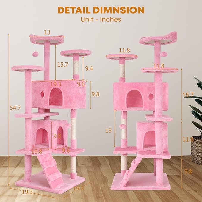 54in Cat Tree Tower for Indoor Cats, Cat Tower with Cat Scratching Post, Multi-Level Cat Furniture, Cat Tower with Funny Toys for Kittens-Pink