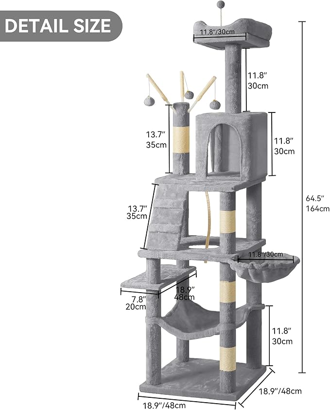 DWVO 64.5" Tall Cat Tree, Multi-Tier Cat Condo with Hammock, Scratching Posts & Play Balls for 2-3 Cats (Light Gray)