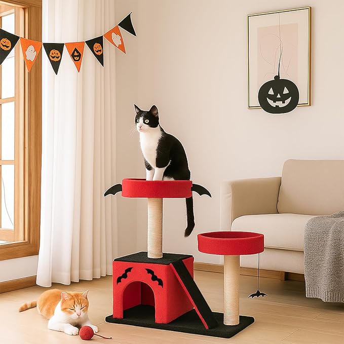 Outvita Halloween Cat Tree, 26" Cat Tower with Spacious Cat Condo, Gothic Scratching Posts with 2 Padded Perches, Large Platform, Cat Activities Furniture, Red & Black