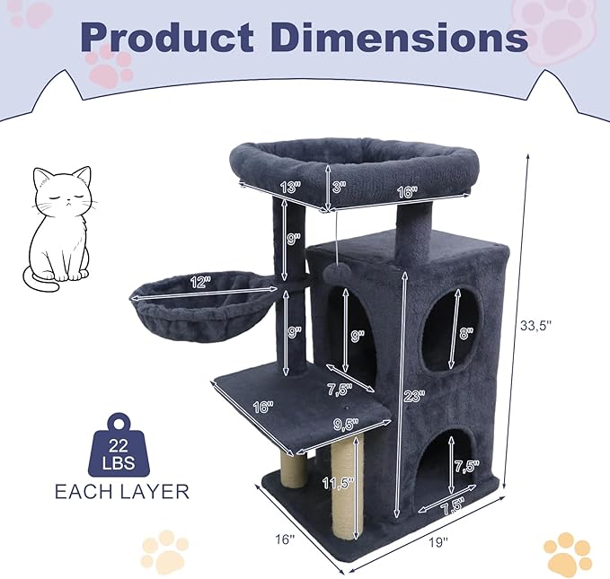 Tangkula Cat Tree Tower, 33.5 Inch Cute Cat Tower with 2-Tier Large Condo, Sisal Scratching Posts, Padded Top Perch, Dangling Toy, Rotatable Cozy Basket, Cat Climbing Furniture (Dark Gray)