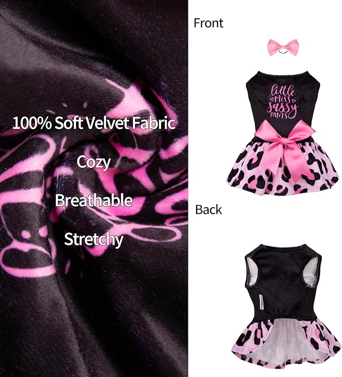 CuteBone Little Miss Sassy Pants Dog Leopard Print Dress Velvet for Small Dogs Girl Puppy Dresses Pink Dog Clothes CVA15XS-D