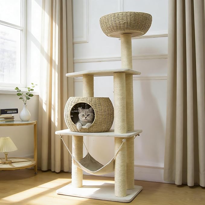 Wood Cat Tree for Indoor Cats, 52.4 Inch Tall, with Scratching Post and Hammock