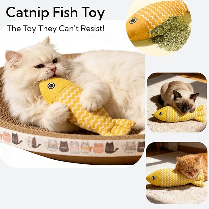 Cat Scratcher Bed with Toys, 2 Pack Oval Cat Scratcher Cardboard, Indoor Cat Scratch Bowl, Large Pad Cat Scratching Board with Catnip Fish Toy & Feather Wand for Furniture Protector