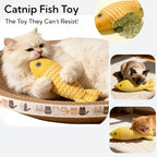 Cat Scratcher Bed with Toys, 2 Pack Oval Cat Scratcher Cardboard, Indoor Cat Scratch Bowl, Large Pad Cat Scratching Board with Catnip Fish Toy & Feather Wand for Furniture Protector