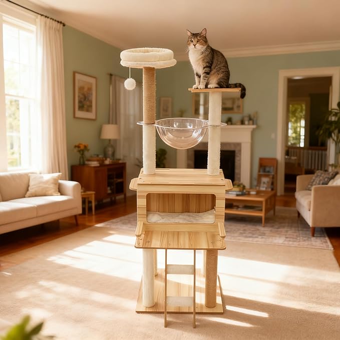 67 Inch Cat Tree with Condo & Hammock, Multi-Level Cat Tower with Scratching Posts, Large Cat Climber with Plush Perch, Scratching Climbing Tower for Families, Pet Stores, Cat Coffee Bars