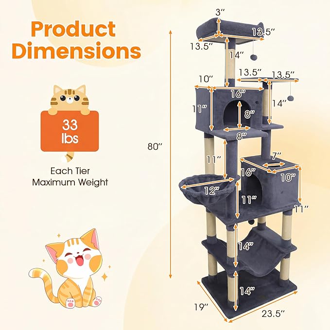 PETSITE 80-inch Tall Modern Cat Tree, Multi-Level Cat Tower with 2 Comfy Condos, Sisal Scratching Posts, Side Basket, Snug Hammock, and Dangling Balls, Ideal for Indoor Cats and Kittens (Dark Grey)