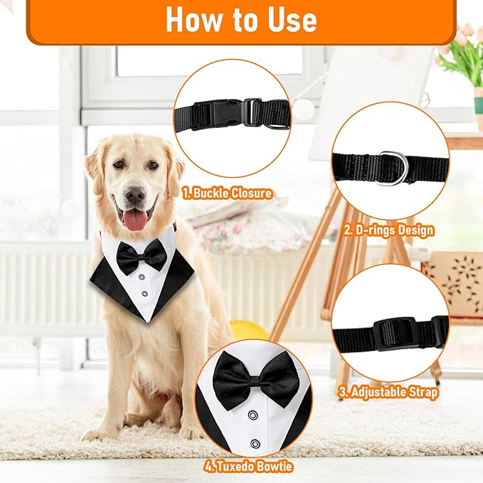 Dog Tuxedo with Bow Tie,Wedding Dog Collar with Bow Tie, Adjustable Pet Collar Birthday Bandana with D Ring,Formal Dogs Outfit,Valentines Halloween Cosplay for Small Medium Large Dogs (Medium)