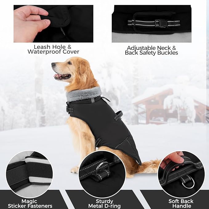 Mihachi Dog Coat for Small Dogs, Warm Dog Winter Coat Waterproof Dogs Jacket with Harness Built in Reflective Pet Fleece Vest, Puppy Cold Weather Coats Turtleneck & Windproof Dogs Snowsuit, Black S